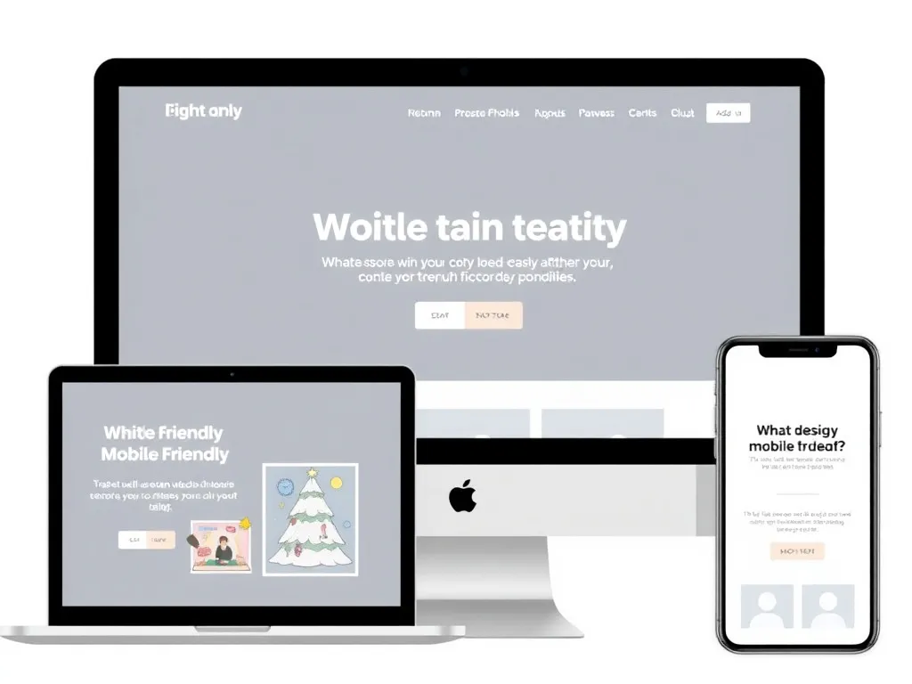 Illustration of a mobile-friendly website, showing a website design adapting to different screen sizes, clean and modern layout, both mobile and desktop