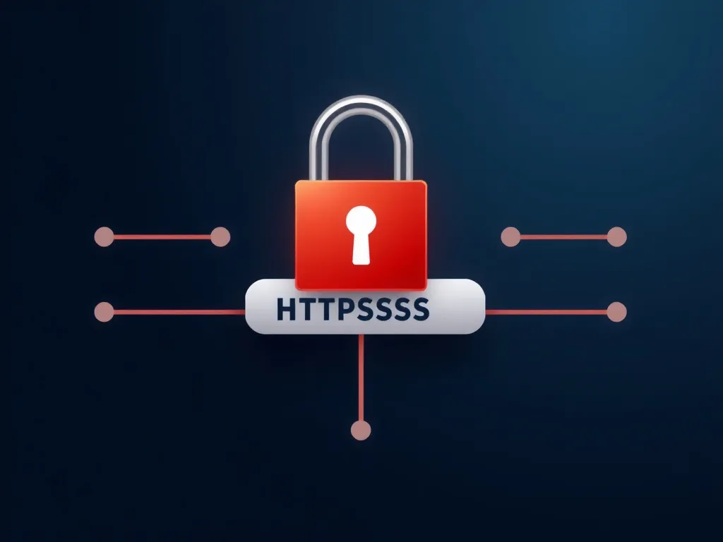 Imagery of a secure connection symbolized by a lock over a website interface, representing HTTPS-enabled security, sleek and modern
