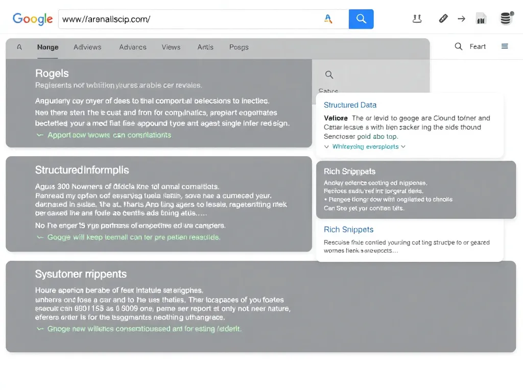Structured data depicted as organized blocks of information on a website, visually demonstrating enhanced search results with rich snippets