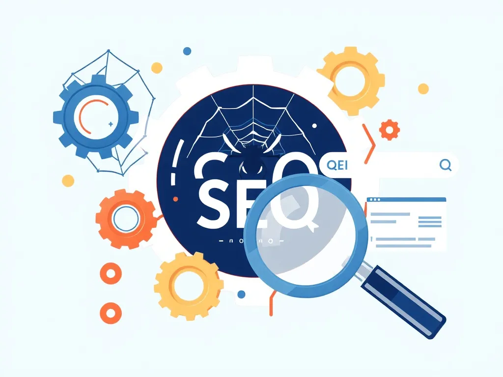 A digital illustration of a technical SEO concept with gears, a spider web, a magnifying glass, and a search engine interface, representing crawling and indexing, high quality, modern design