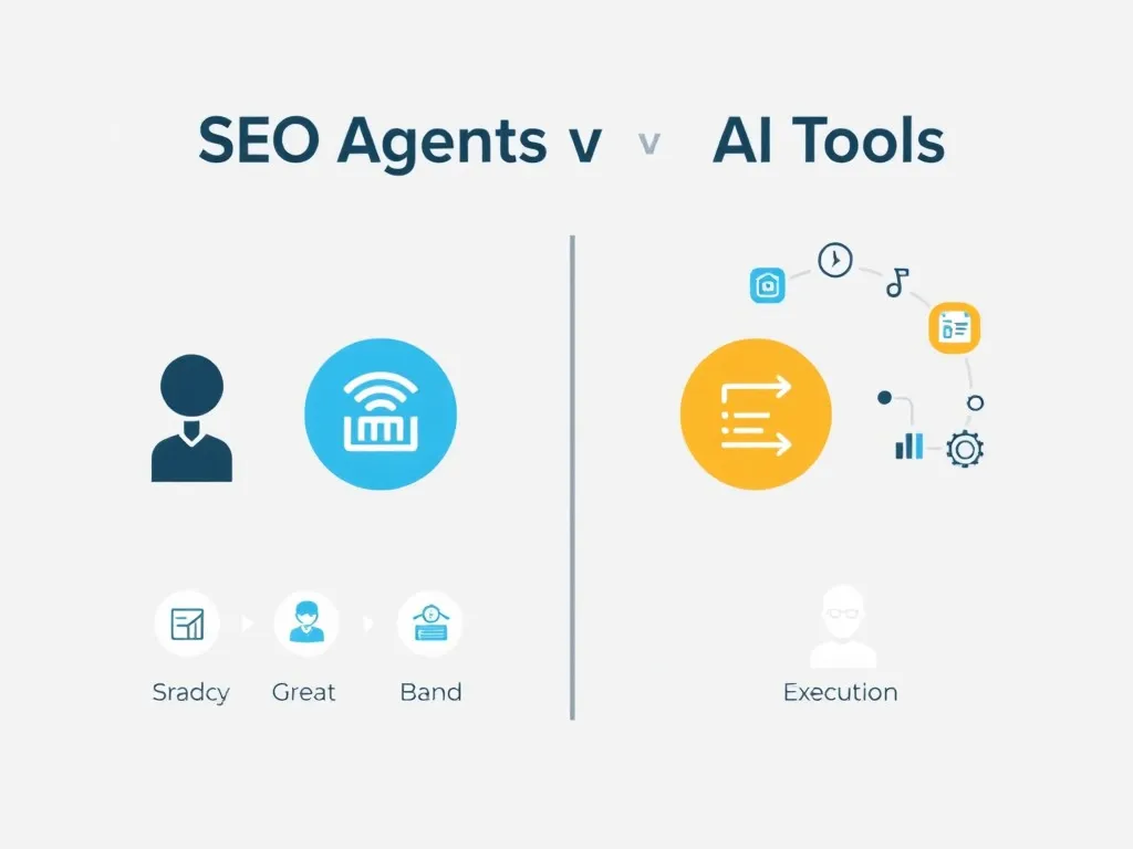 Comparison of AI SEO Agents and AI SEO Tools with graphic symbols representing strategic guidance and technical execution, clean and minimalist infographic style