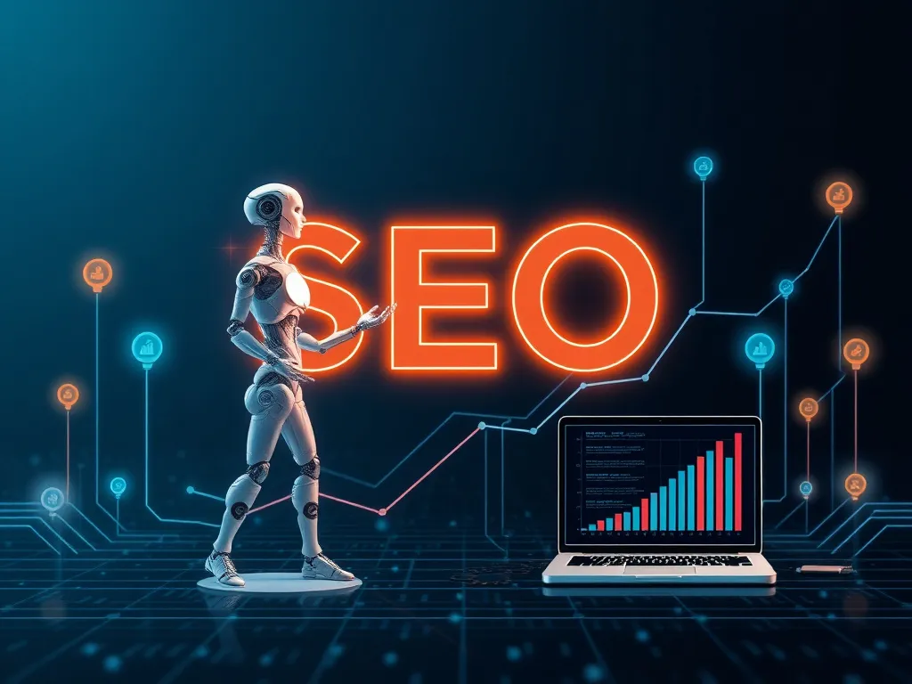 Depiction of AI-driven SEO strategy success with both Agents and Tools working in harmony, showcasing growth and optimization, futuristic and professional style