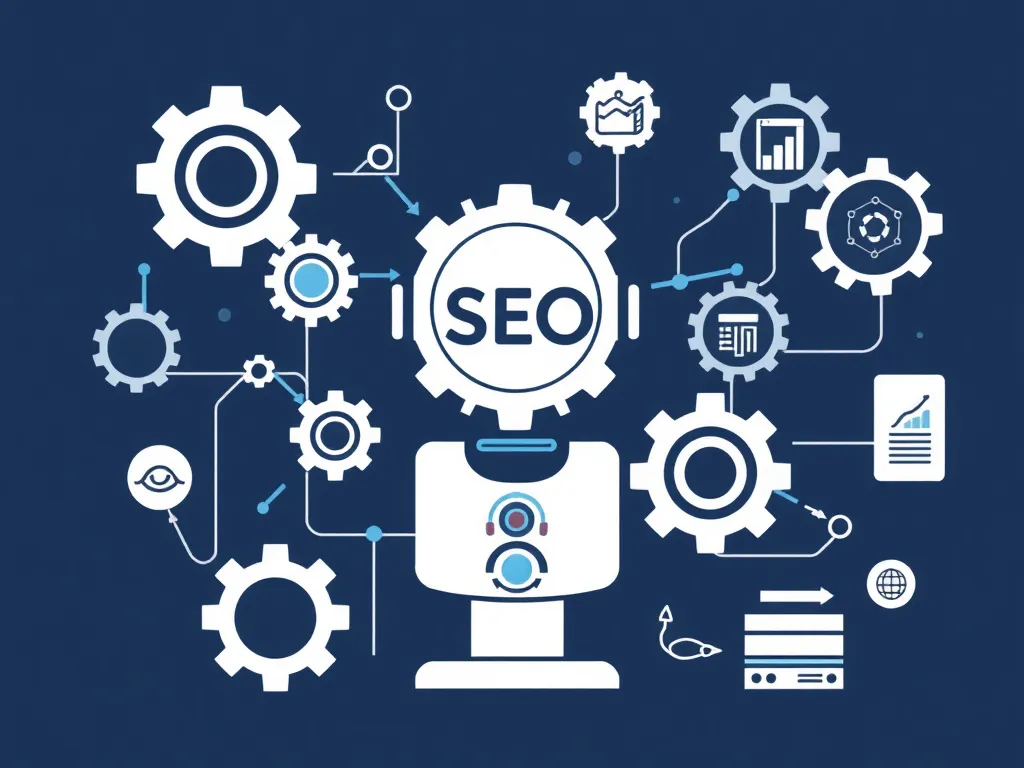 Illustration of AI SEO Tools automating technical SEO tasks such as crawling and reporting, technical elements like gears and tools, modern and clean design