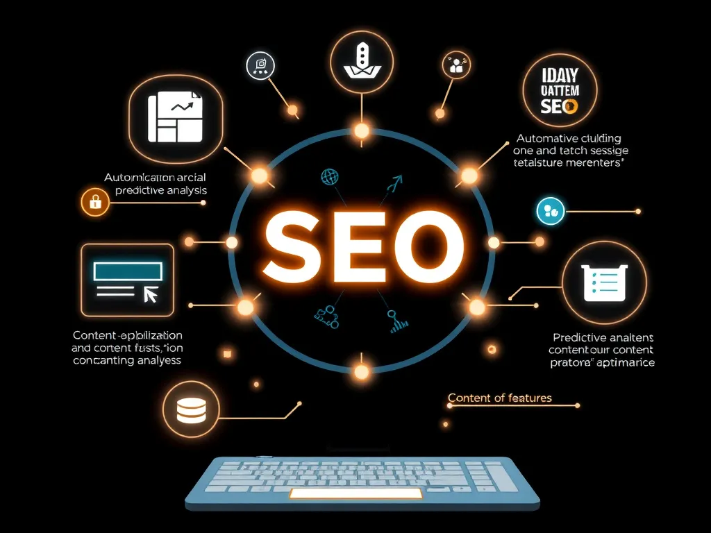 Dynamic portrayal of AI SEO tools, highlighting automation, predictive analysis, and content optimization features, high-tech, modern