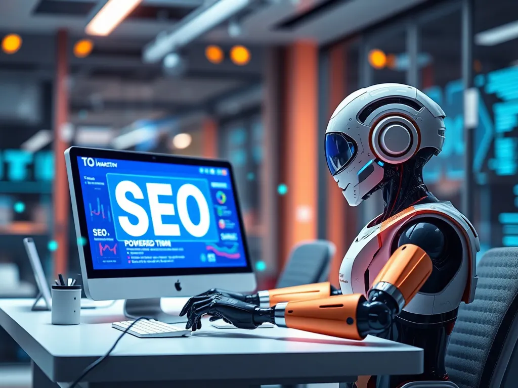 Futuristic representation of AI-powered SEO tools in a modern digital marketing environment, photorealistic, high quality, professional lighting