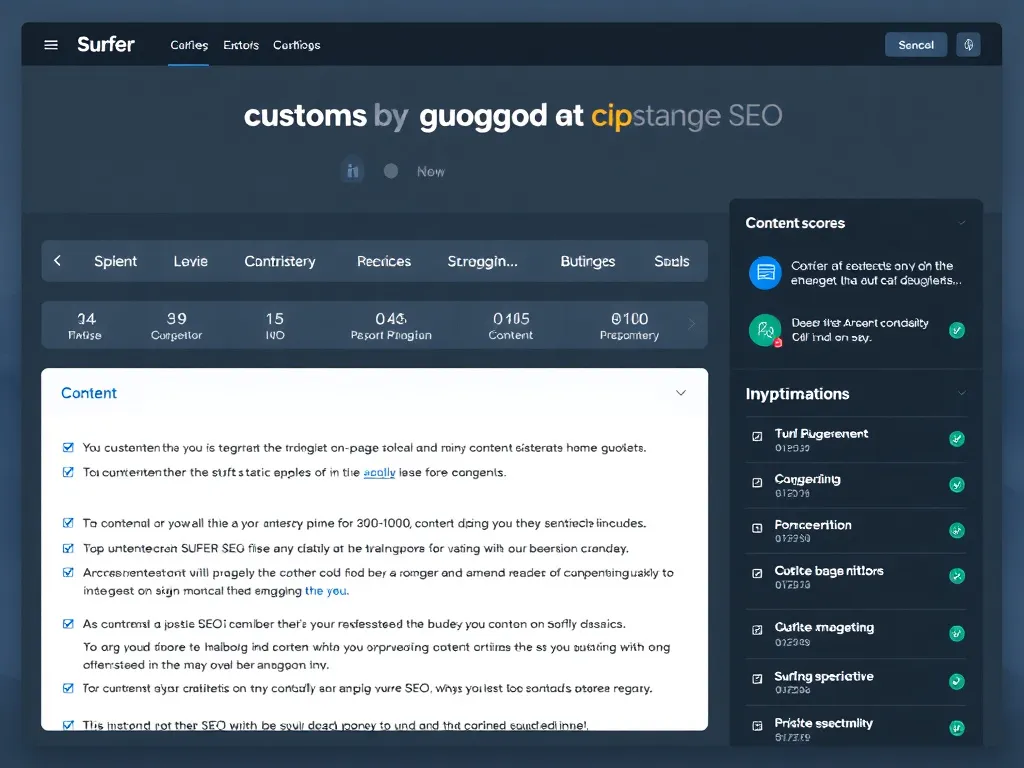 Precise on-page optimization and data-driven strategy using Surfer SEO, showing content score and suggestions, user-friendly interface