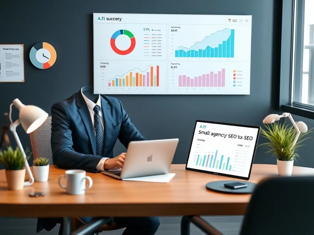 Visual representation of a small agency achieving SEO success using AI tools, charts and graphs showing traffic growth, professional setting
