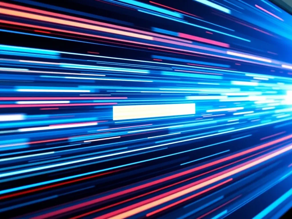 Concept image of fast loading digital content, representing site speed, showing a sleek user interface with rapid data flow, crisp and dynamic