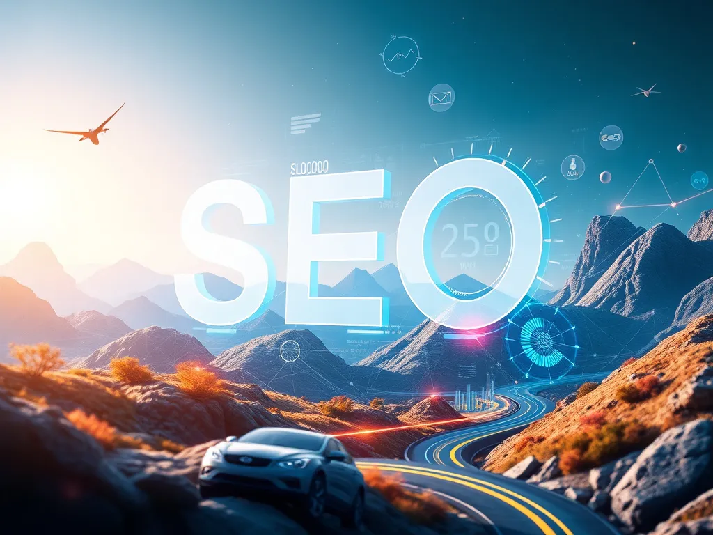 Futuristic digital landscape representing SEO optimization, with elements depicting speed, data analytics, and artificial intelligence, technologic theme, high quality, modern setting