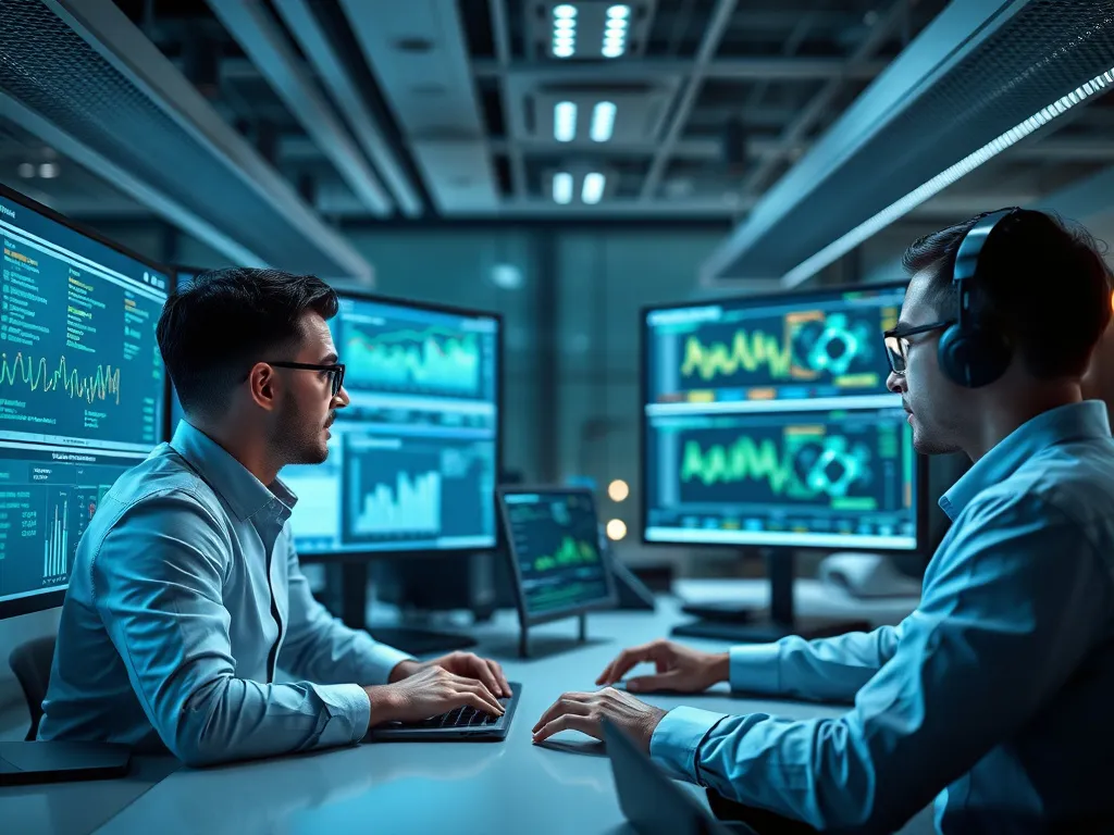 Modern tech office with AI interfaces, analysts working with data on multiple screens, illustrating AI integration in SEO, high tech, advanced analytics