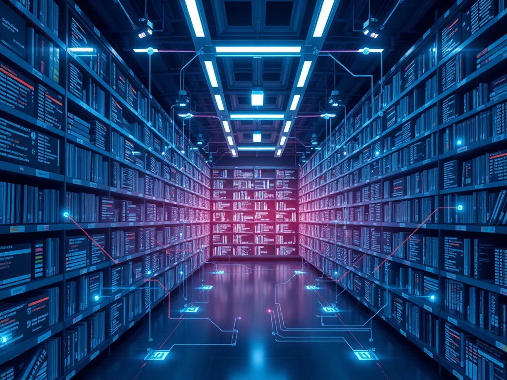 Visual depiction of digital indexing and organization, a futuristic library or database with AI elements and connections, advanced technological design