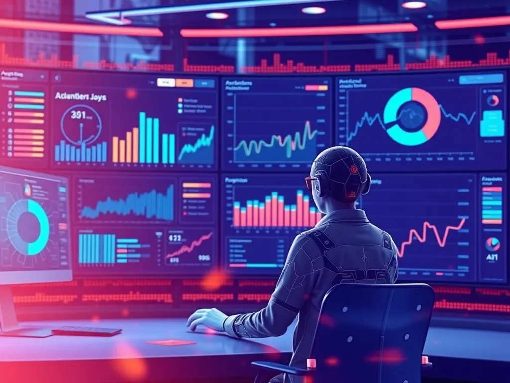 Conceptual visual of AI-enhanced analytics tools in use, with personas interacting with AI dashboards, detailed, futuristic design