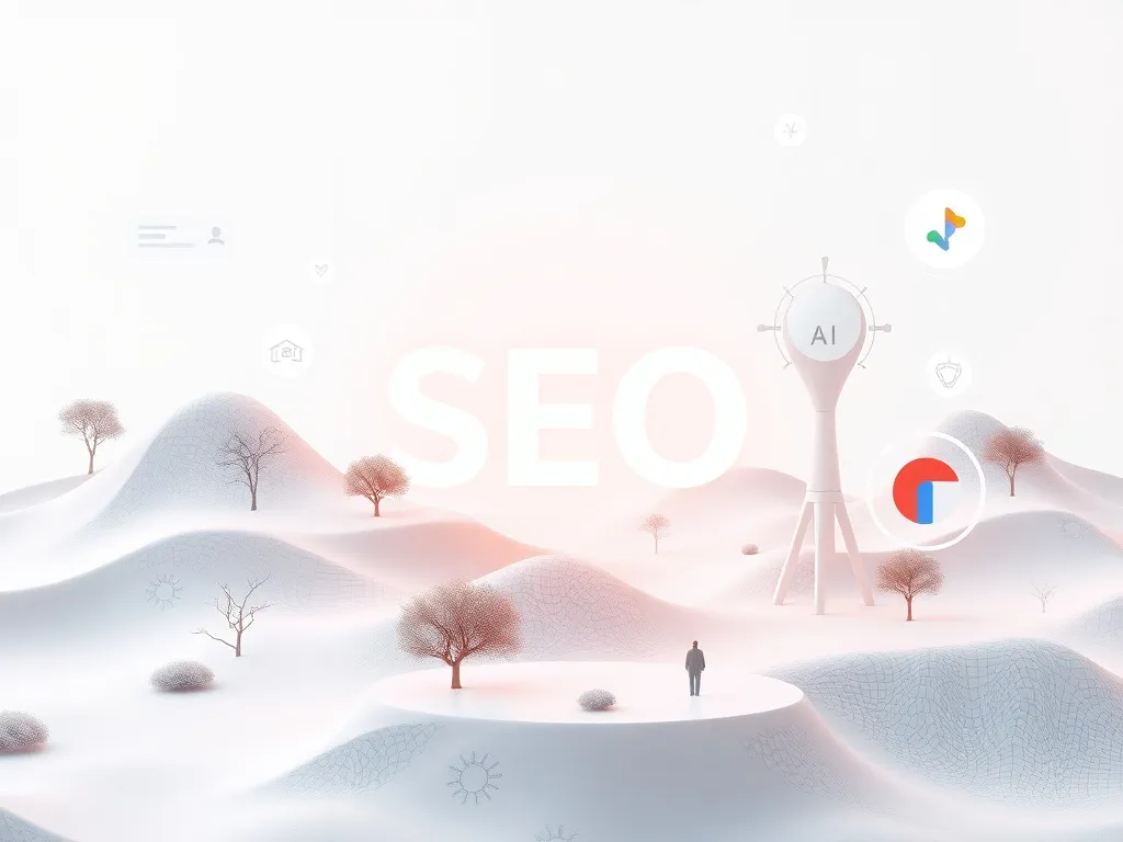 Modern digital landscape with AI and SEO elements, featuring icons for ChatGPT, Perplexity, and Google AI, photorealistic, clean background, professional lighting, technology theme