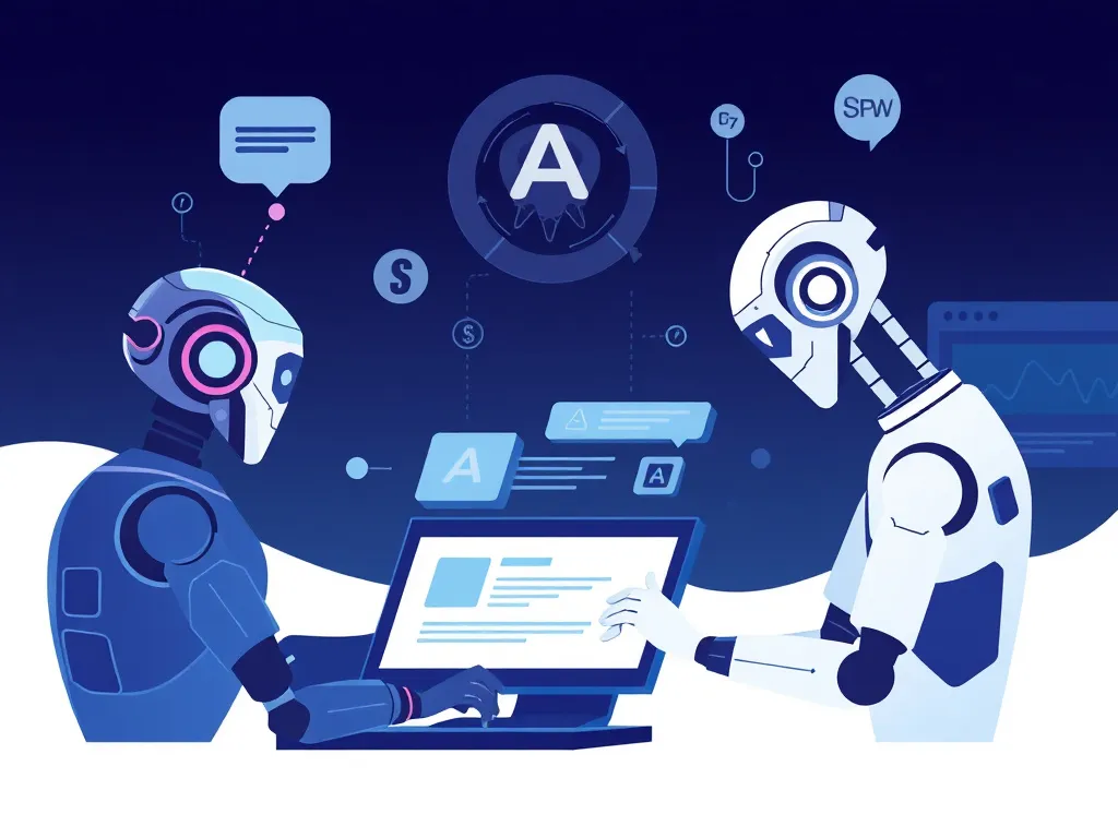 Illustration of AI models ChatGPT, Perplexity, and Google AI interacting with website content, digital and futuristic art style