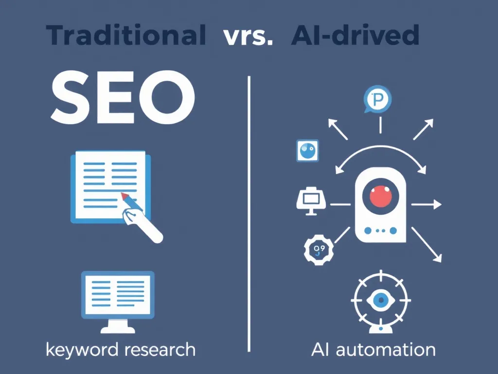 Comparison of traditional versus AI-driven SEO, icons representing manual keyword research vs. AI automation, conventional versus advanced content strategies, symbolic, professional illustration