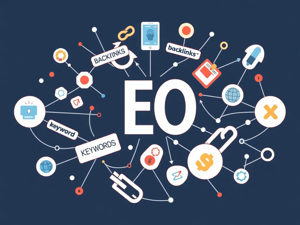 Illustration of traditional SEO elements such as keywords, backlinks, content optimization interconnected in a web, detailed, professional style
