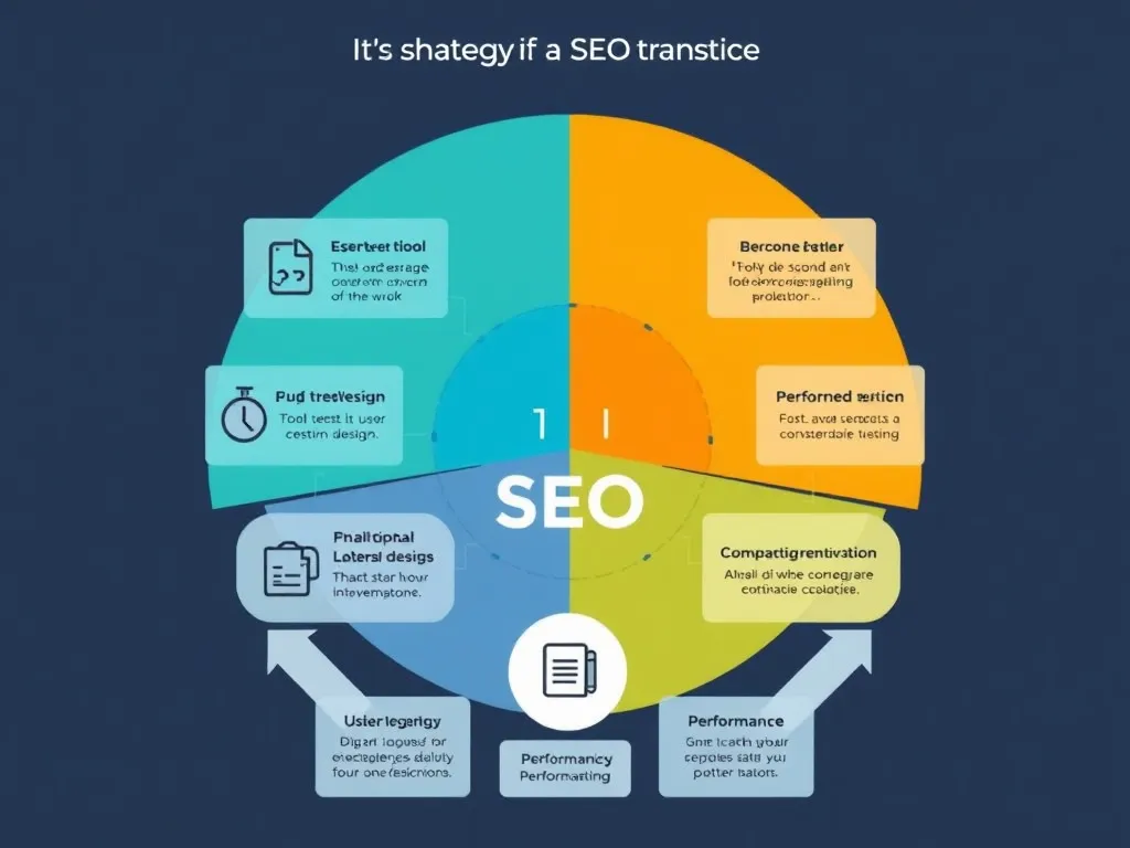 Professional infographic or diagram showing strategies for transitioning to AI SEO, such as tool integration, user-centric design, testing, and performance tracking, clean and modern style