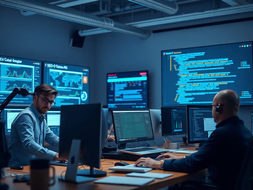 A detailed, professional scene showing an SEO team using AI technologies like Hunnt AI, UX focused interfaces, alongside human editors refining processes, collaborative work environment