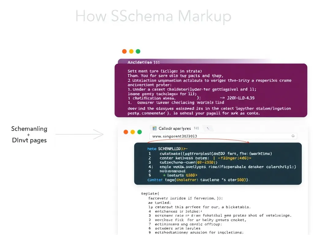 Diagram depicting the process of how Schema Markup is implemented on web pages, showing layers of Schema code overlaying a web browser, with elements like JSON-LD highlighted, professional, detailed.