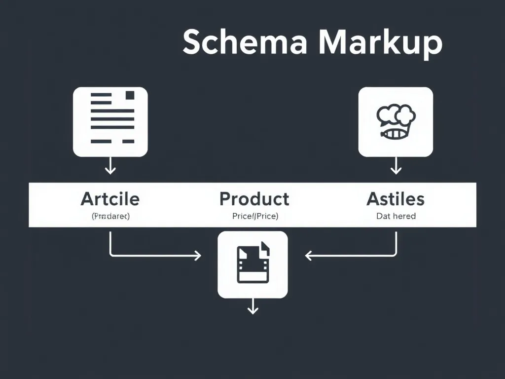 Infographic-style illustration showing different types of Schema Markup like Article, Product, and Event, each represented by simple icons, with arrows connecting them to their corresponding data element like author, price, or date, minimalist.