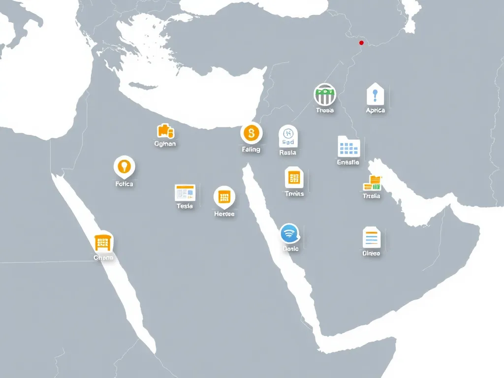 A map of the Middle East and North Africa with digital icons representing Schema Markup applied to local businesses and sites, showing growth in web traffic, photorealistic, informative.