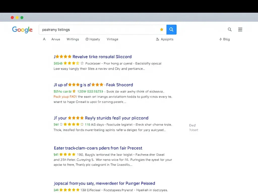 A search engine results page displaying enhanced listings with rich snippets, including review stars, product prices, and FAQ links, eye-catching, colorful.