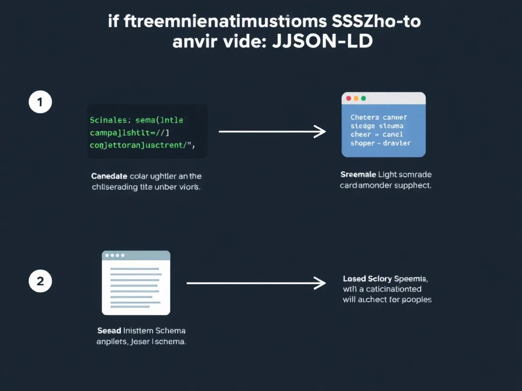 Step-by-step guide illustration for implementing Schema using JSON-LD, featuring code snippets and browser highlights, educational, clean design.
