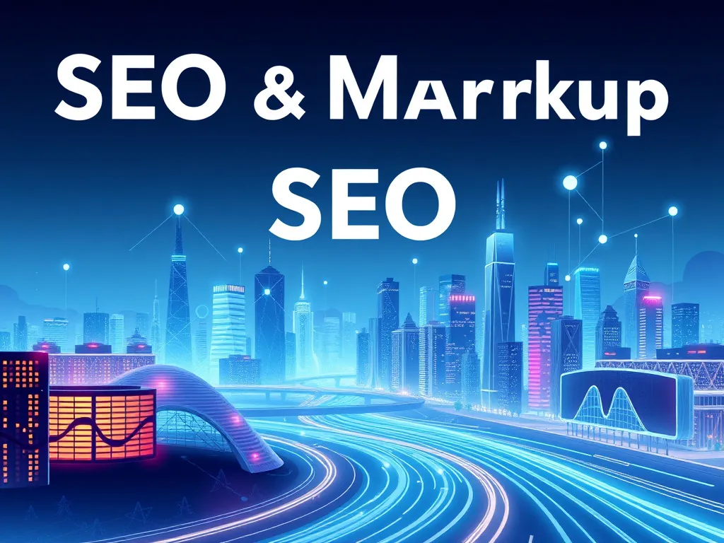 A conceptual image showing future trends in SEO and schema markup, with futuristic cityscapes representing digital growth and connectivity, modern design