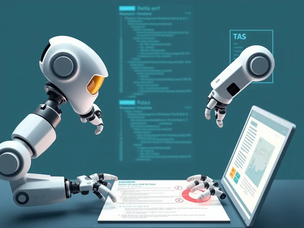 Image depicting AI algorithms analyzing web pages and generating schema markup, showing robotic arms working with digital data visuals, futuristic and high-tech style
