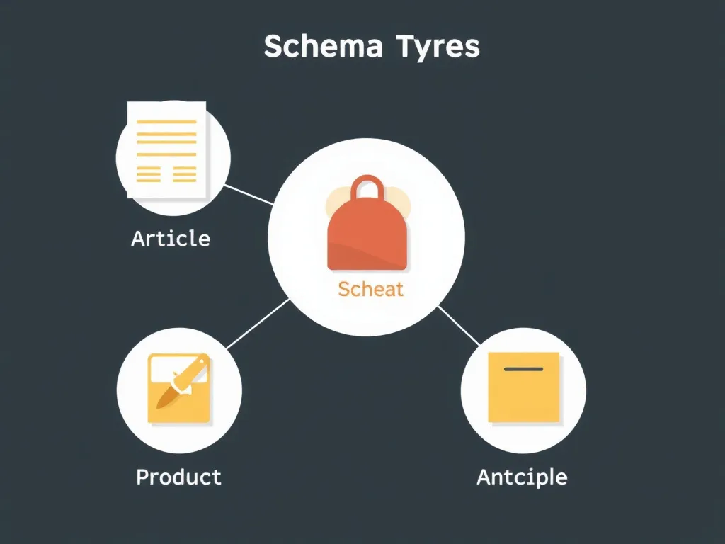 Infographic style image showing various schema types like Article, Product, Recipe, and their symbols, photorealistic, clean design