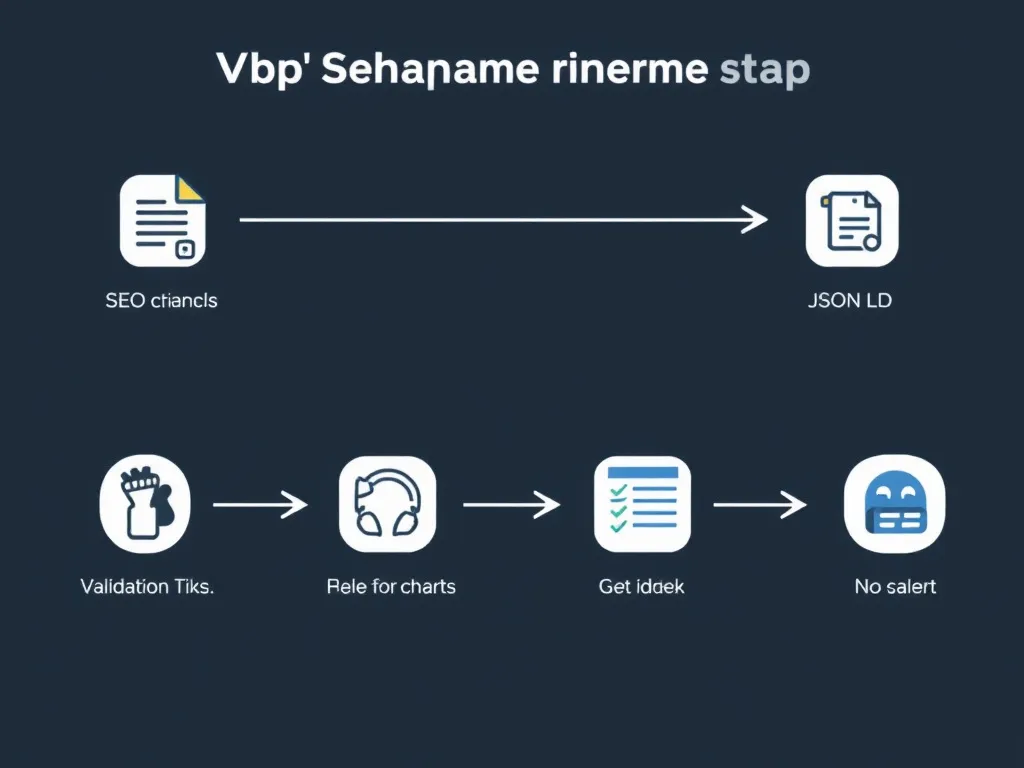 Step-by-step schematic guide showing the process of adding schema markup, featuring icons representing SEO tools, JSON-LD, validation charts, minimalist design