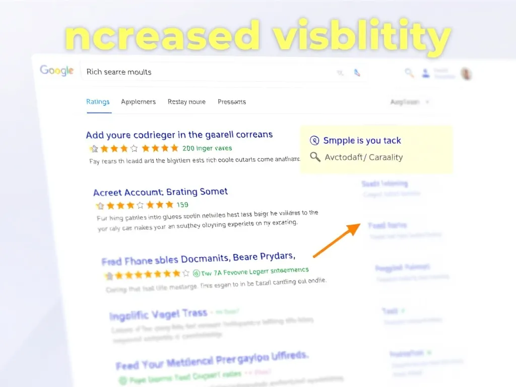 A visual representation of increased visibility through enhanced search results, showing a digital webpage with highlighted rich snippets and icons for ratings, prices, and availability, high quality