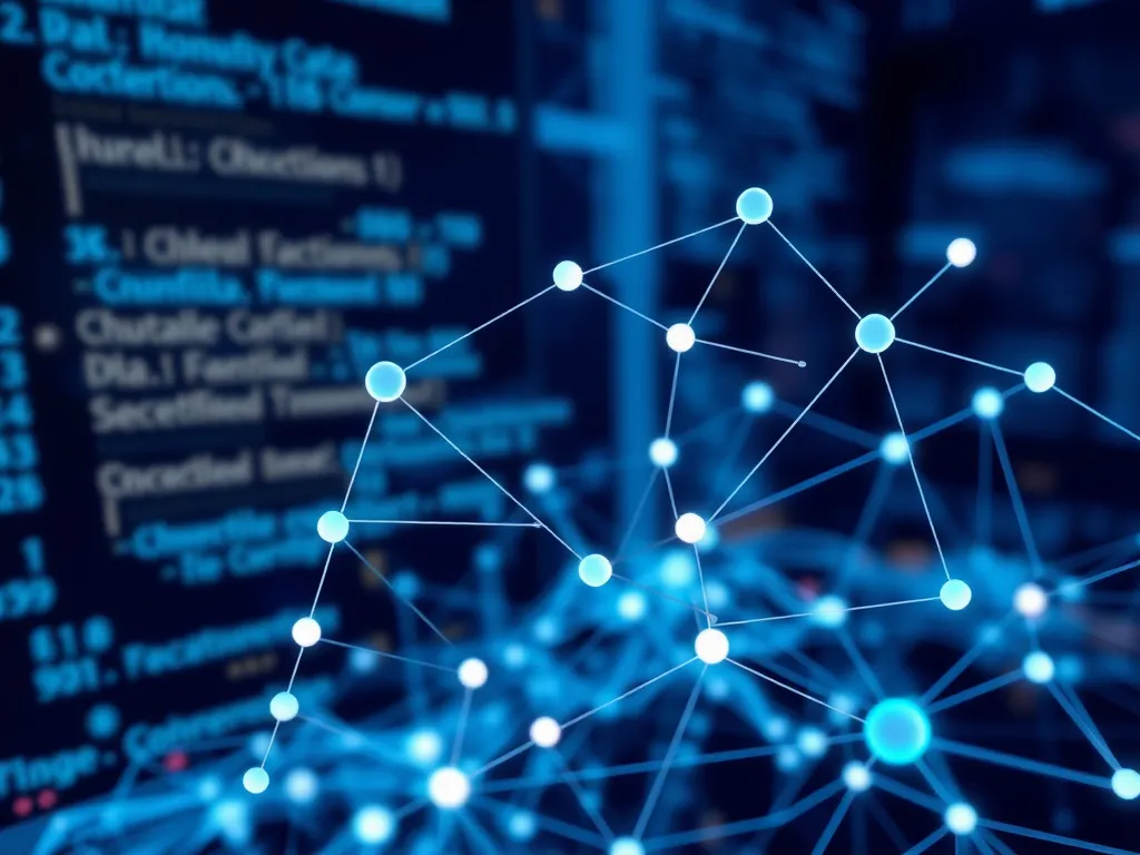 An abstract visual representation of digital connectivity and data interpretation, symbolizing structured data and Schema Markup, with motifs of interconnected nodes and lines, set against a digitally-themed background, photorealistic, high quality.