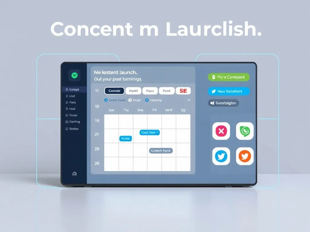 AI-driven content launch visualization showing scheduling software with a calendar and multiple social media icons, optimizing post timing, sleek digital appearance, modern look