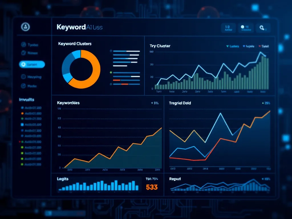 AI-driven keyword analysis represented by a digital dashboard showing data charts, keyword clusters, and trend lines, symbolizing automated insights, professional, clean design, futuristic feel