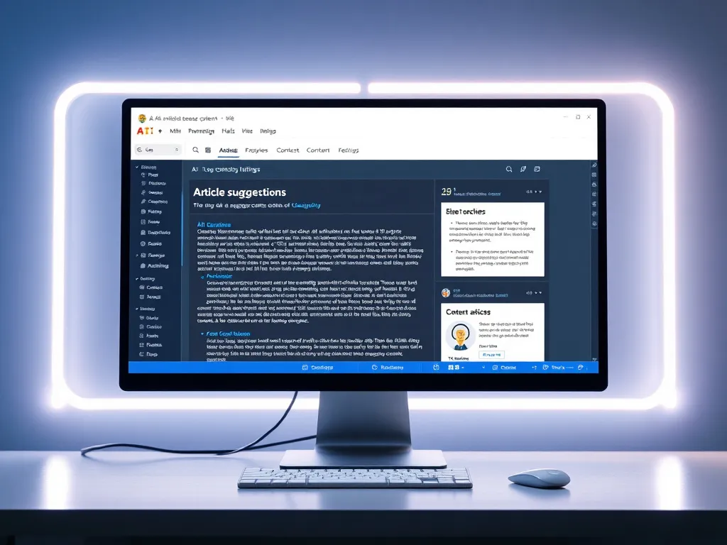 Concept of AI-enhanced content creation with a computer screen displaying AI-generated article suggestions, outlines, and content blocks, creative digital theme, photorealistic design