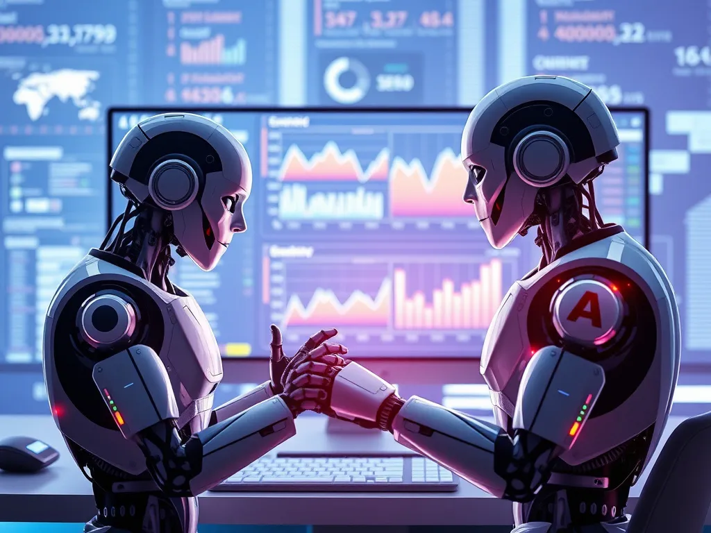 Depiction of digital transformation in SEO using AI, featuring elements like a human and robot collaborating at a futuristic computer screen displaying data analytics and graphs, high quality, modern digital marketing theme, professional photography style
