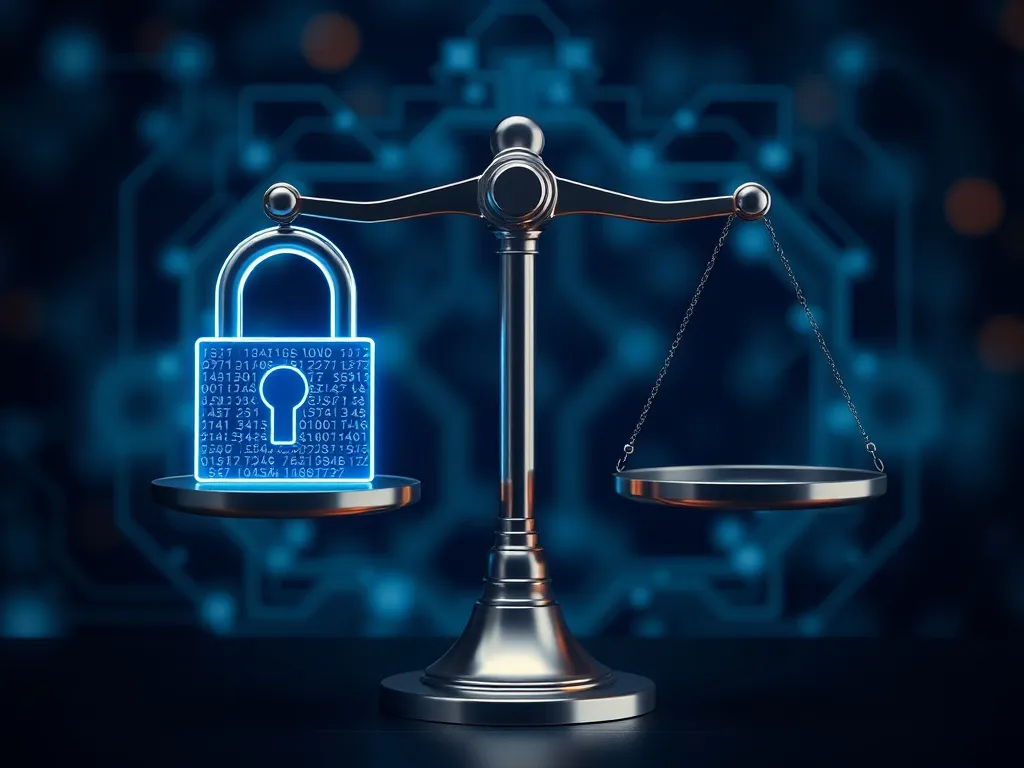 Representation of ethical AI in digital marketing, featuring symbols of data privacy and fairness like digital padlocks and balance scales, sophisticated design, high quality