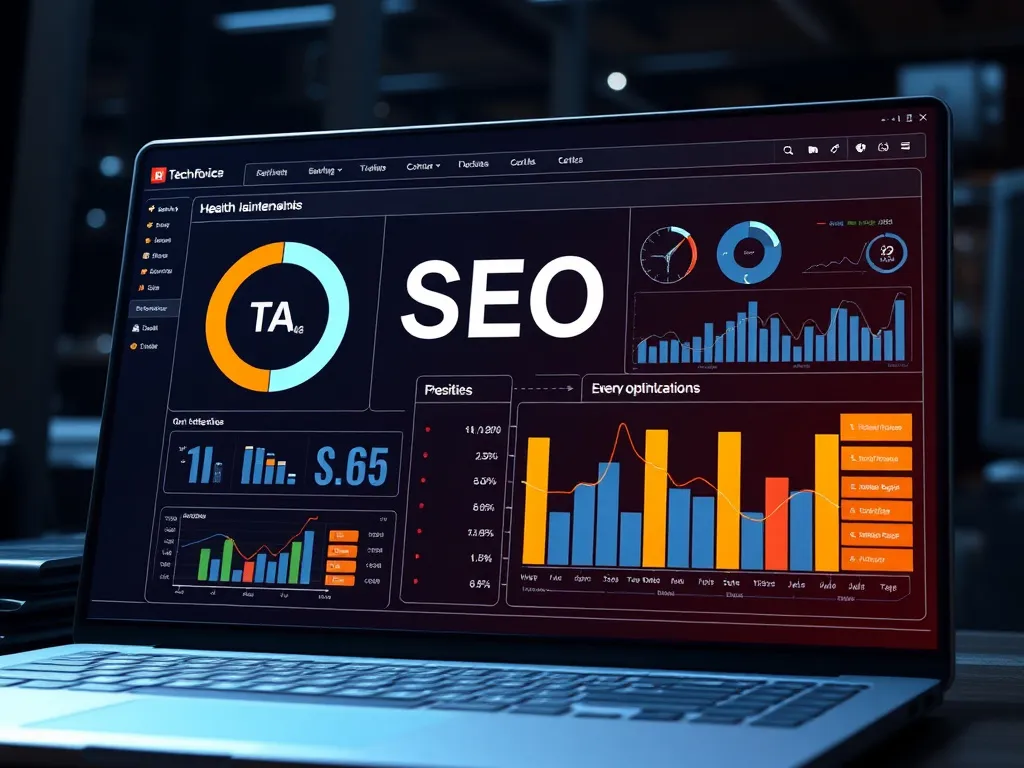 Technical SEO illustrated by a digital maintenance interface displaying website health diagnostics and optimization metrics, high-tech, detailed, professional lighting