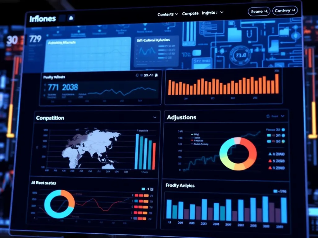 AI tools scanning competitor websites with digital charts and comparative analytics, highlighting insights and strategic adjustments in a high-tech theme, clear and modern design