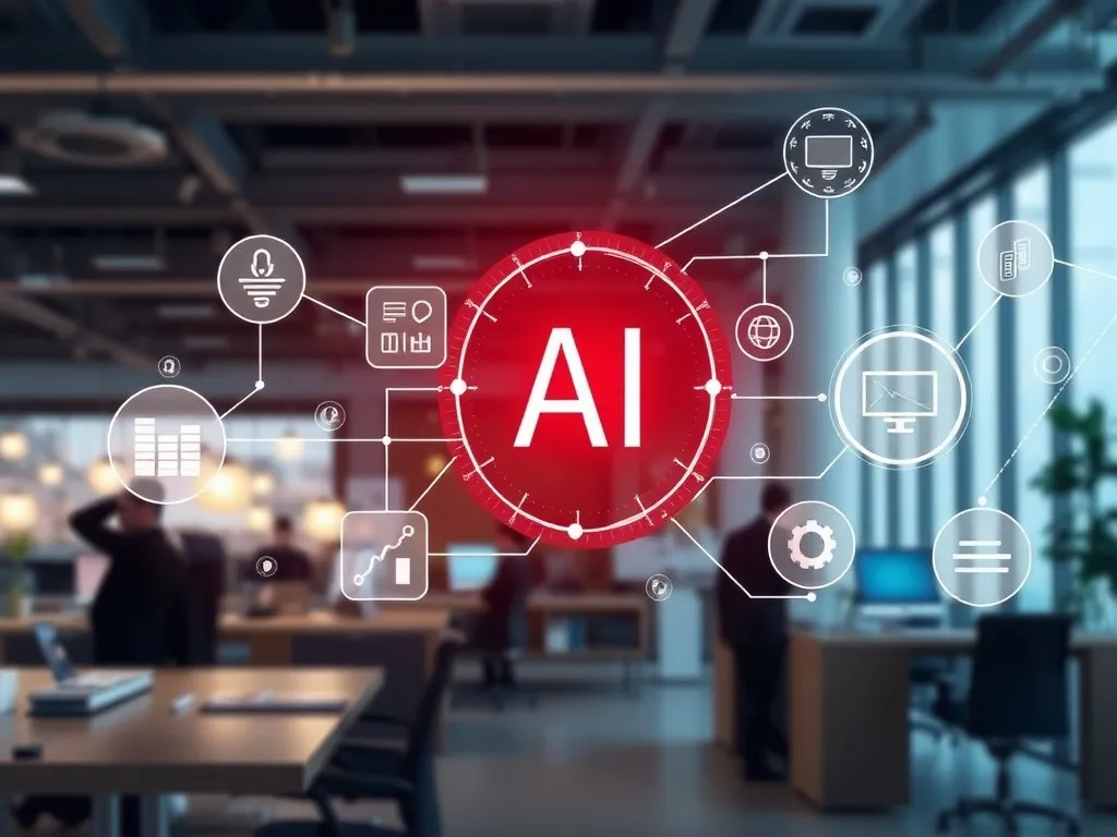Depiction of AI tools being integrated into existing systems in a business setting, showing seamless data flow and connectivity