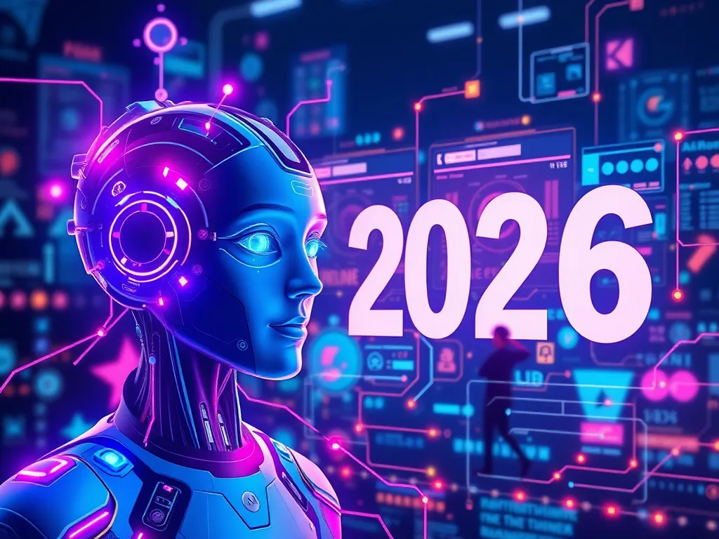 Futuristic digital marketing concept with AI elements, photorealistic, high quality, seamless integration of technology and business, vibrant and dynamic representation, suitable for 2026