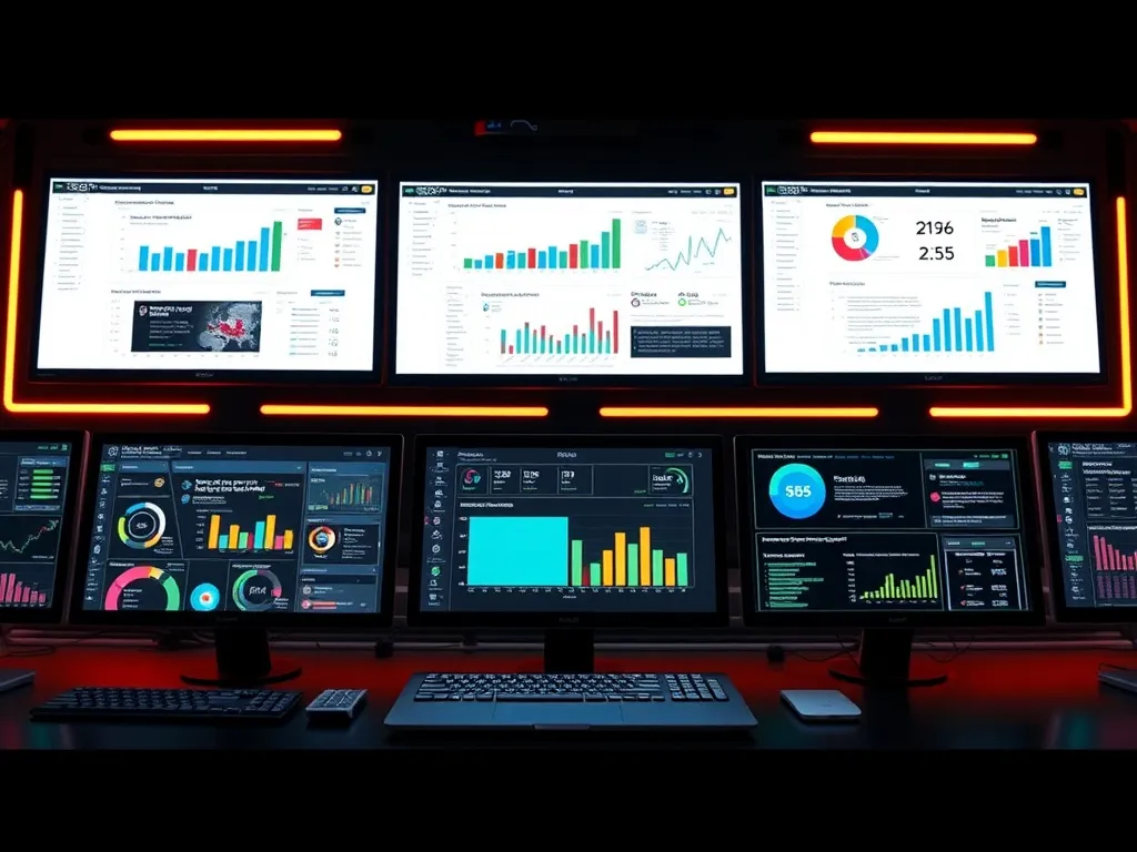 Advanced tools and technologies powering SEO automation, futuristic tool layouts and interfaces on multiple screens, high-tech vibe
