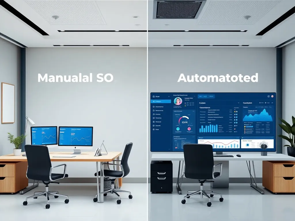 Contrast image showing traditional manual SEO workspace versus automated SEO dashboard with AI interface, sleek design, modern office setting