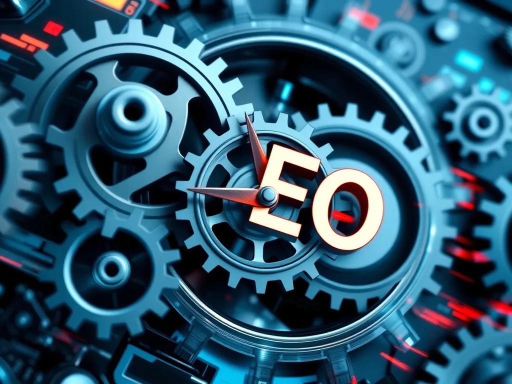 Fast-moving gears and digital interfaces symbolizing time efficiency in automated SEO processes, dynamic composition, sharp details