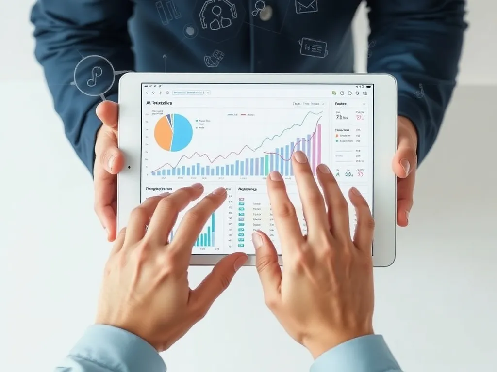 Hybrid approach combining human creativity with AI insights in SEO, two hands collaborating over digital tablet showing data analysis