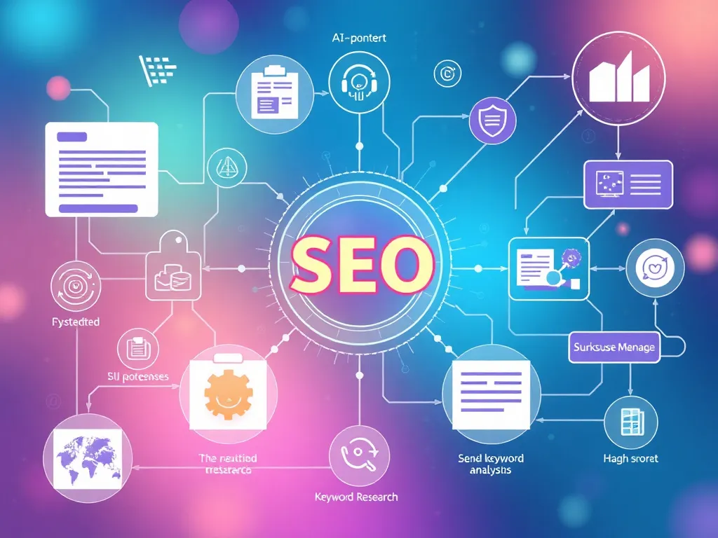 Illustration of AI-powered SEO processes, showcasing interconnected digital data flows, keyword research, and content analysis, futuristic style, vibrant colors