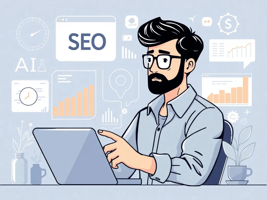 Illustration of a small business owner strategizing with AI tools, consisting of digital elements showcasing SEO analytics, artificial intelligence motif, clean and modern
