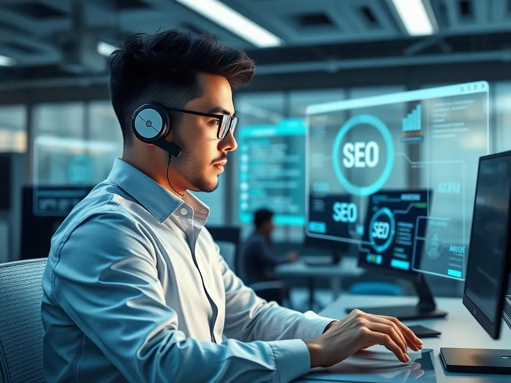 A small business owner using AI technology, futuristic office setting, digital interfaces displaying SEO automation processes, modern, high-tech environment, photorealistic, professional lighting, detailed