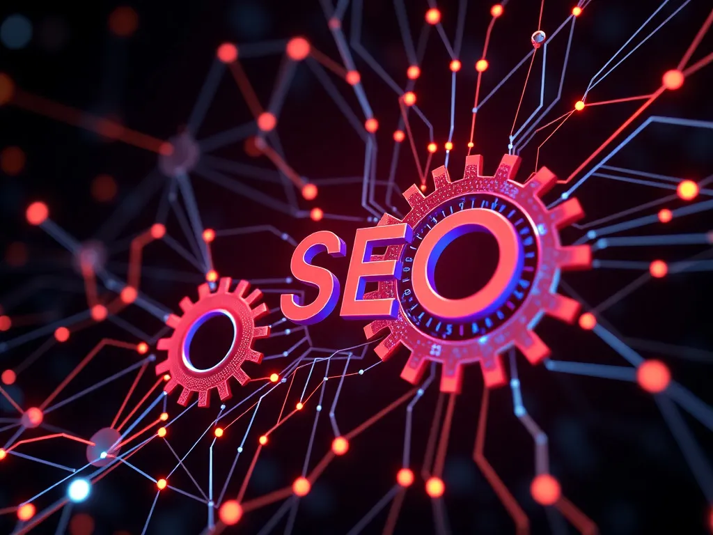 An abstract digital network with gears and digital lines representing AI integration in SEO strategies, photorealistic, high quality, professional lighting.